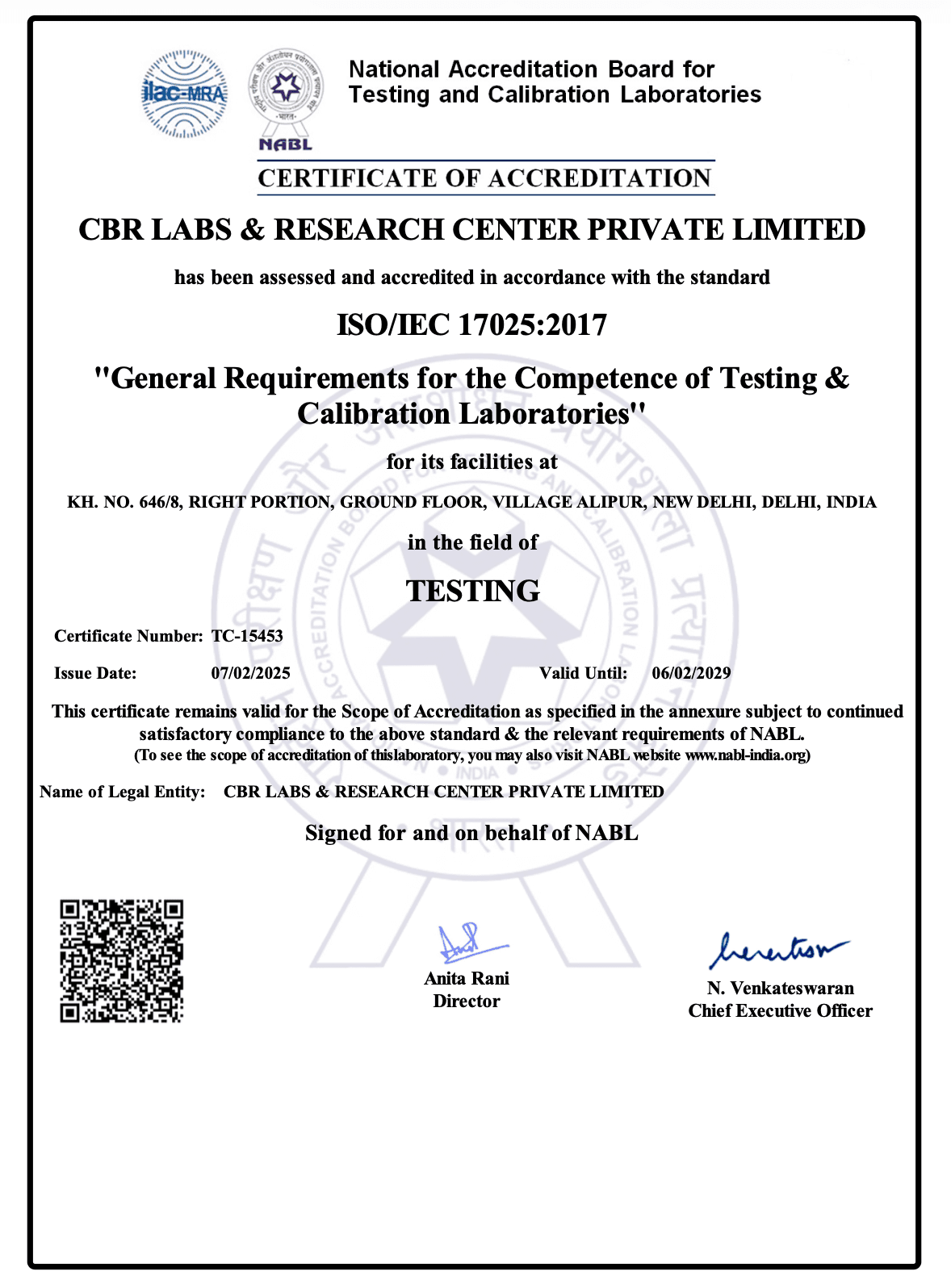 NABL Certificate of Accreditation - CBR Labs